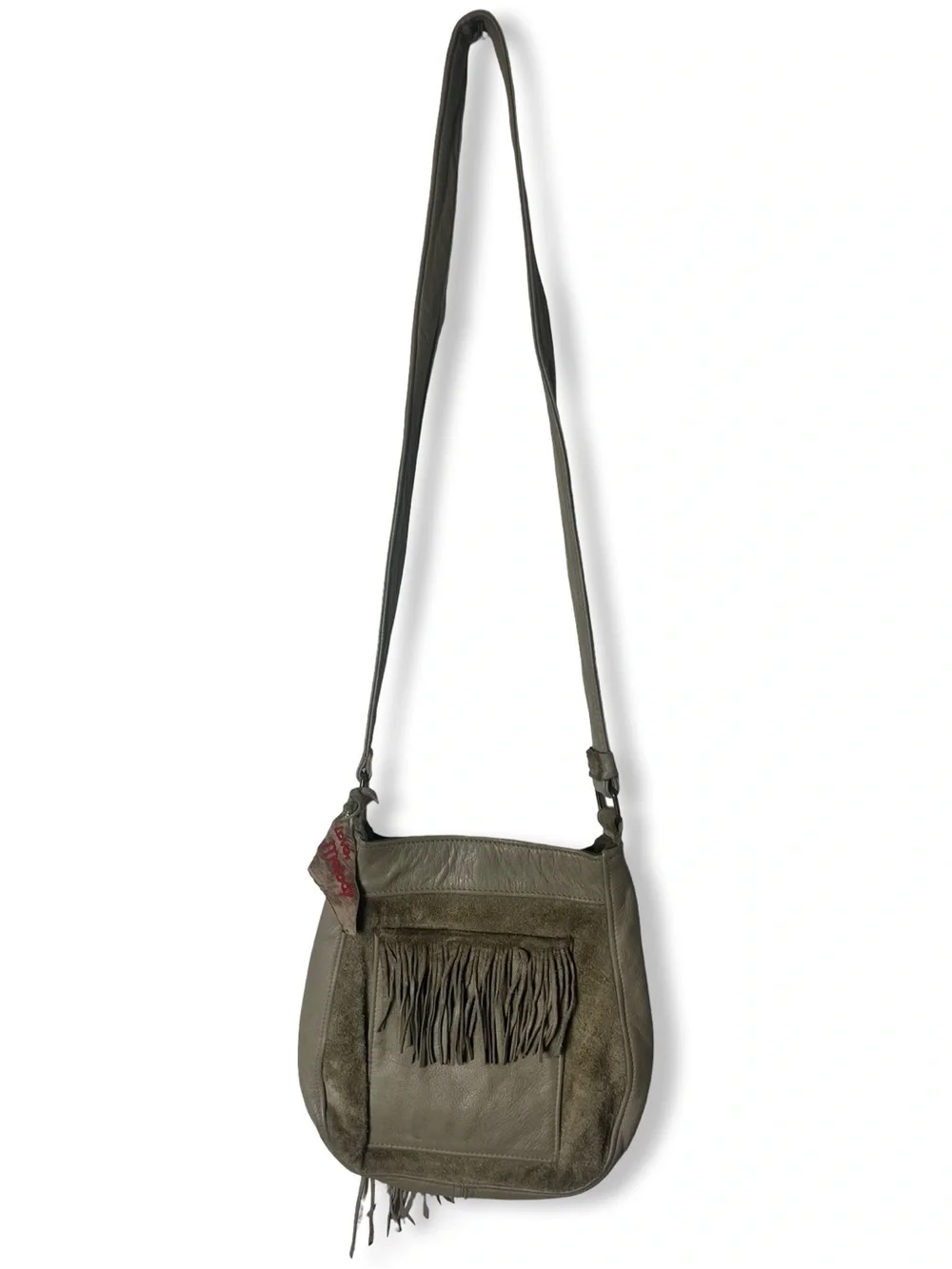 Love Melody Handmade Leather Fringe Crossbody Bag Taupe Suede Boho Saddle Bag